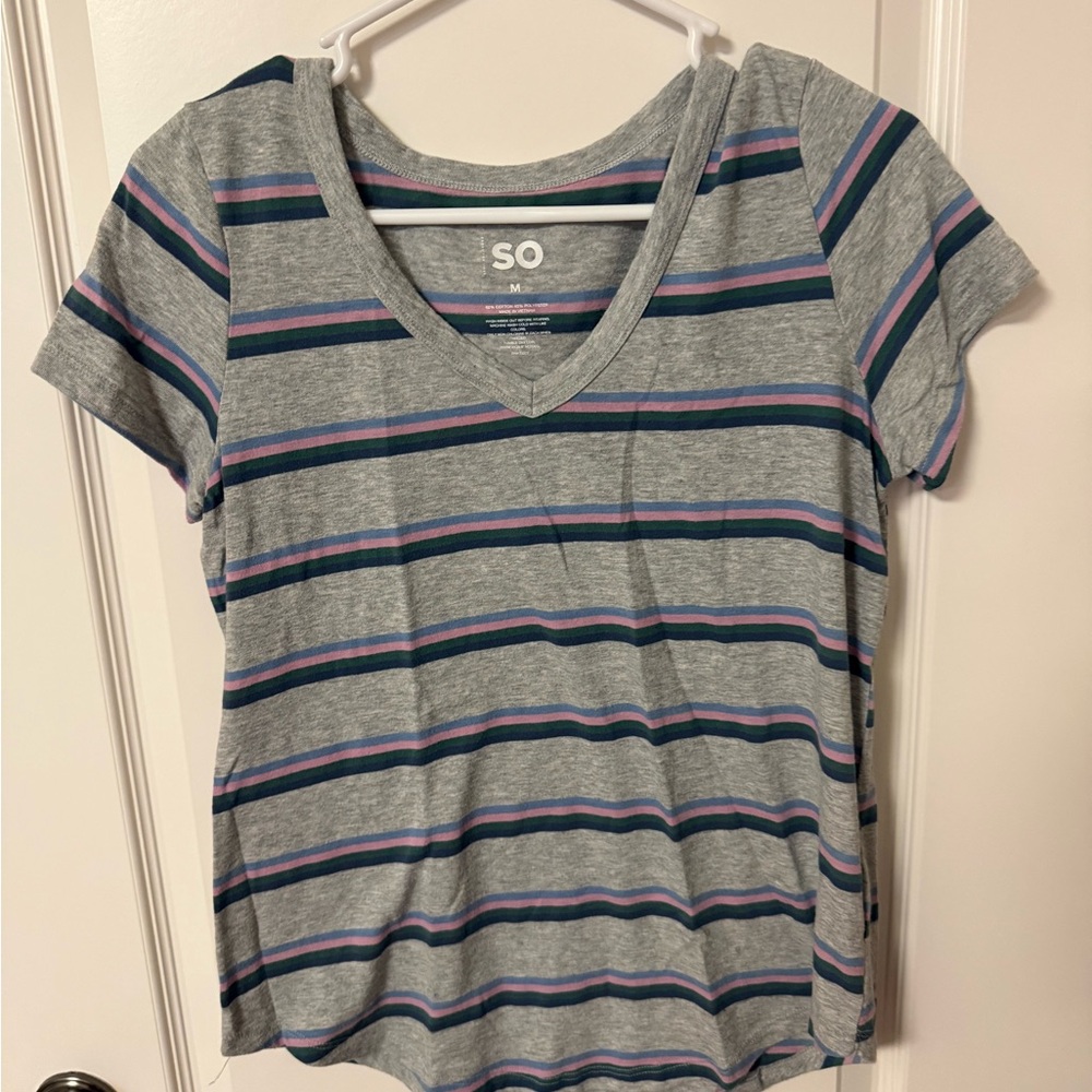 SO Women's Gray V-Neck Stripe Tee with Blue and Pink Accents